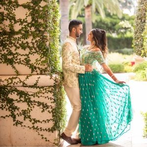 Green lehenga anarkali off shoulder